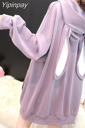 Yipinpay Sweet Women Hoodies Fashion Cute Rabbit Ears Hooded Pullovers Lantern Sleeve Loose Baggy Female Tops Plus Size 2023 HOT